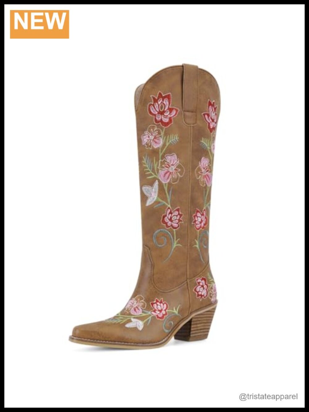 Women's Knee-High Cowgirl Boots Snip Toe Floral Embroidered Faux Leather